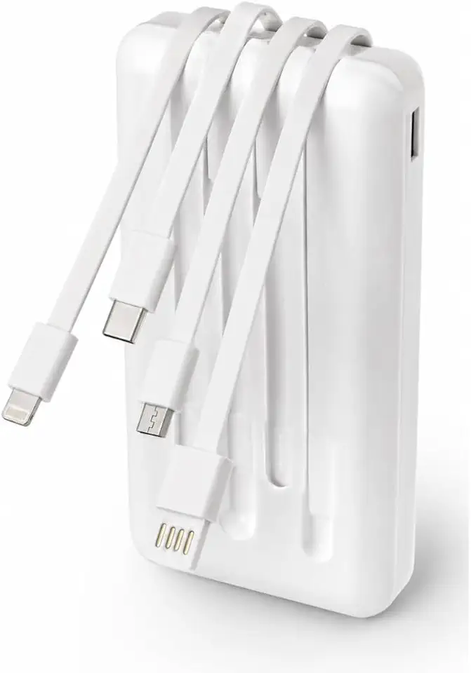 Power Bank Carregador Portátil Universal 20000mAh com Cabos Integrados USB-A, USB-C (Type-C), Micro-USB e USB-Light Carregamento Rápido Bateria Externa Compacta para Celular Android iOS (branco)