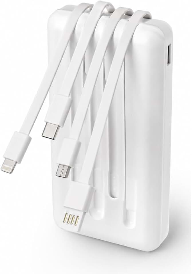 Power Bank Carregador Portátil Universal 20000mAh com Cabos Integrados USB-A, USB-C (Type-C), Micro-USB e USB-Light Carregamento Rápido Bateria Externa Compacta para Celular Android iOS (branco)