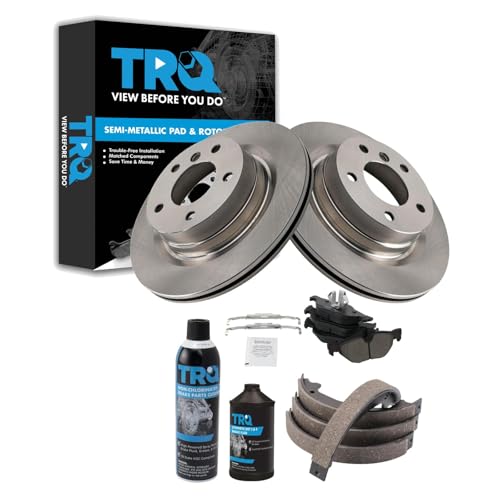 Image of TRQ Rear Brake Pad & Rotor Kit, with Chemical Kit Parking Brake Shoe Set Semi-Metallic Compatible with 2012-2013 BMW 328i