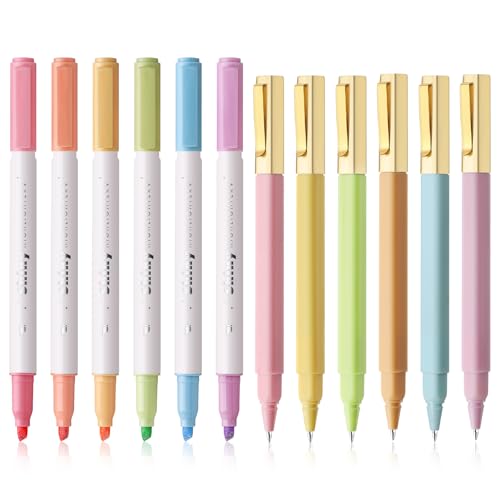 12 Pcs Aesthetic Highlighter and Ballpoint Pen Set – 6 Pastel Highlighters & 6 Color Ballpoint Pens No Bleed, Ideal for Bibles, Journals, Study, Cute School Supplies, Office Desk Accessories