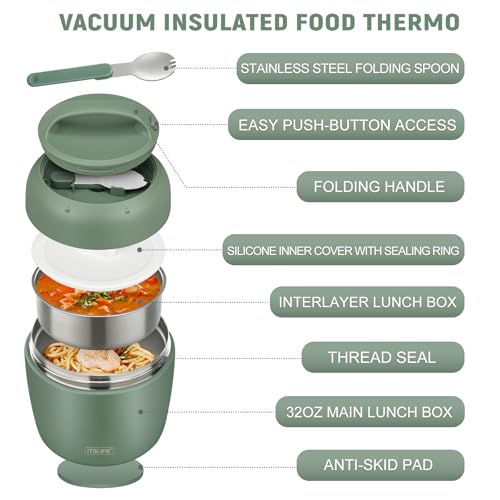 Image of Thermo Food Jar for Hot Food Adults 32OZ Soup Thermo Lunch Containers Wide Mouth Vacuum Insulated Stainless Steel Leakproof Bento Box with Spoon (NEW-GREEN)