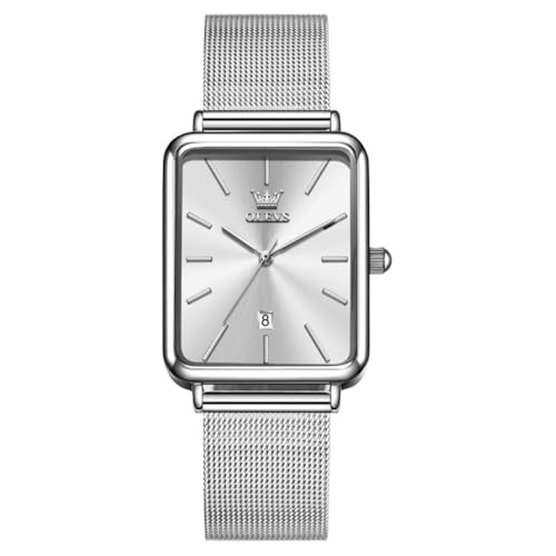 OLEVS Womens Watch Analog Quartz Stainless Steel Mesh Strap Square Dial Unisex Watches Slim Minimalist Stylish Dress Watch for Women Silve