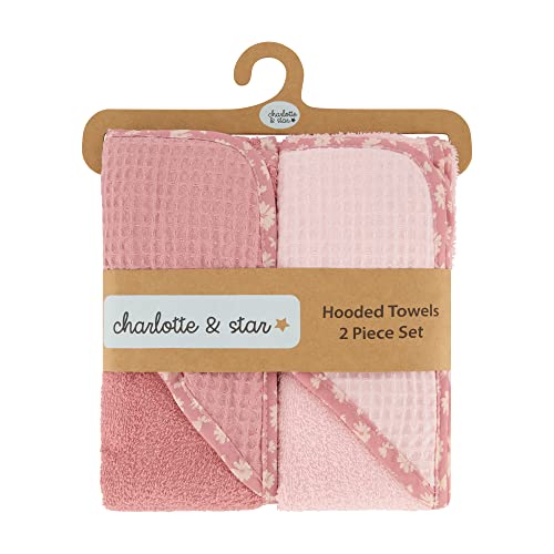 Image of Cudlie Charlotte and Star Waffle Weave Hooded Baby Blanket for Infants and Toddlers, Pure Cotton Terry Cloth Towel for Children, 2-Pack Baby Bath Towels