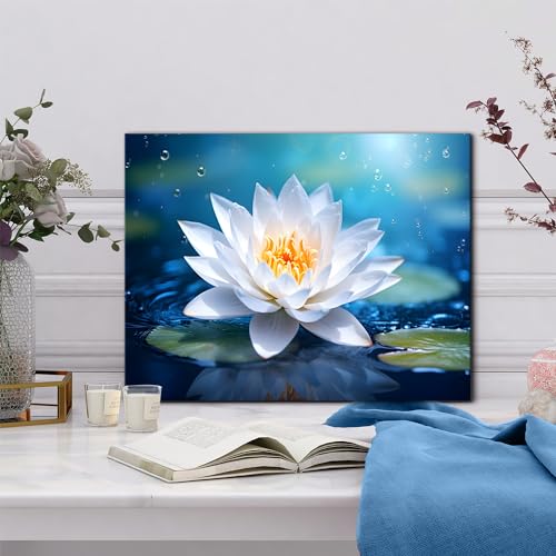 Image of Lotus Flower Wall Art Zen Bathroom Pictures Wall Decor Nature Water Blooming White Floral Canvas Painting Blue Meditation Room Decor Spiritual Spa Yoga Artwork Home Living Room Decorations 12x16 inch