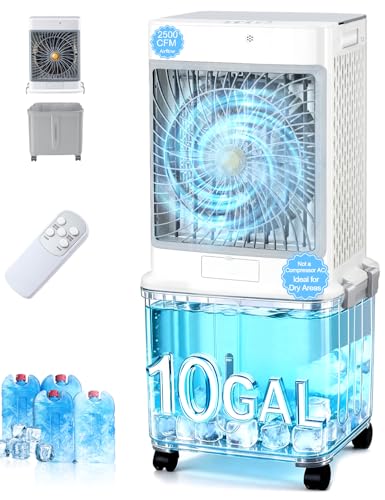 Swamp Cooler,Evaporative Air Cooler 2026 Upgraded Windowless Portable Air Conditioners with 10GAL Detachable Tank,120° Oscillation,Ultra Quiet,Timer,Remote,30H Cooling Fan for Bedroom Garage