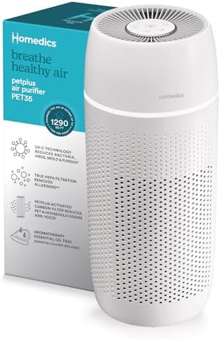 Homedics 5-in-1 PetPlus UV-C Air Purifier - 360-Degree HEPA Filter for 266 Sq Ft, Air Purifiers for Pets, Bedroom, and Home with Essential Oil Pads and Built-In Timer, 3 Speed Settings, White