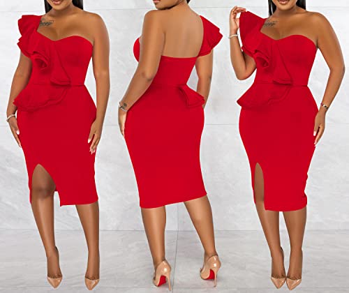 Women's Dresses Sexy Ruffle One Shoulder Sleeveless Split Bodycon Midi Party Dress Party Evening Long Formal Dress Red #TOP1