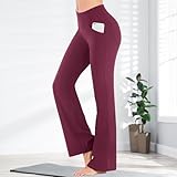 Leggings acampanados de cintura alta para mujer, pantalones de yoga de pierna ancha con bolsillos, Rojo vino, Large