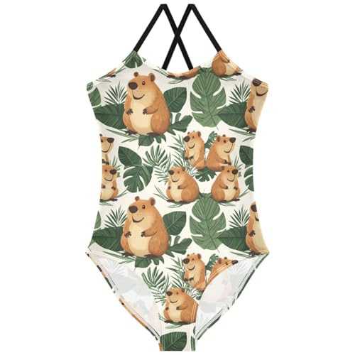 Pigsaly Girls One Piece Swimsuits Capybara Summer Palm Leaf Kids Cross Back Swimwear Toddler Beach Sport Bathing Suit 3T