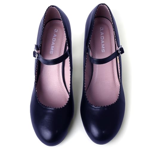 Mary Jane Kitten Heels, Vintage Retro Scallop Round Toe Shoe With An Adjustable Strap, 9 B(M) US, Black PU3