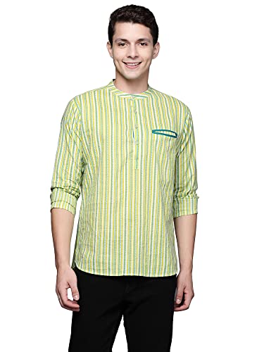 Image of INDO ERA Men's Cotton Straight Fit Printed Casual Straight Short Kurta (MKR0FG1209 Fluorescent Ready to Wear S to 2-)