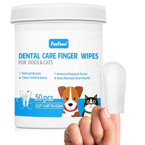 Funfawn Dog Teeth Cleaning Finger Wipes – Pet Dental Care Wipes for Dogs & Cats – Freshens Breath – Remove Plaque and Tartar – Disposable Gentle Cleaning & Gum Care Dog Finger Toothbrush – 50 Pcs