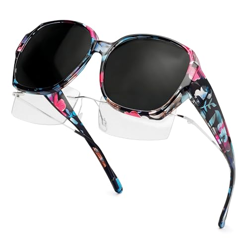 Trendy Floral Polarised Sunglasses Women Over Glasses, Fit Over Sunglasses UV400, Womens Sunglasses for Driving, Lightweight Compatible with Prescription Eyewear