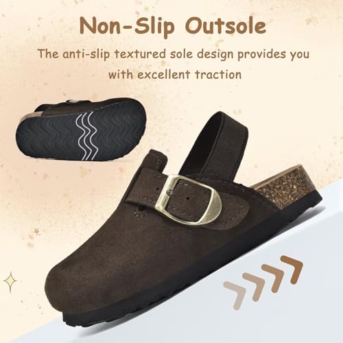 Image of Kids Suede Clogs Boys Girls Mules Cork Genuine Leather Sandals with Adjustable Buckle Slippers Potato Shoe Indoor Outdoor Slip On Slide for Big Kids