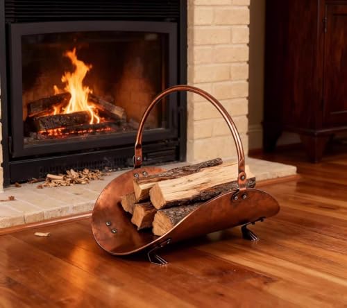JXDJB Ironwork Firewood Carrier Basket - Portable Fireplace Wood Storage Rack for Small Spaces, Ideal for Winter Indoor Outdoor Log Holding(Brass)