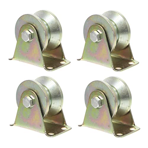 Cabilock 4Pcs Heavy Duty V Groove Wheel Steel Rail Door Pulley Block Rigid Caster for Sliding Doors Construction Smooth Rolling Ball Bearings