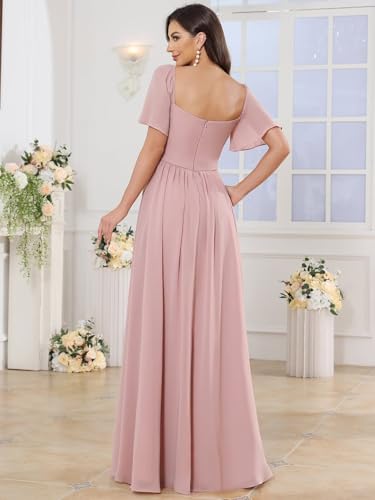 Chiffon Bridesmaid Dresses for Women Short Sleeves Sweetheart Formal Gowns with Slit4