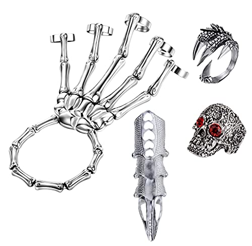 Image of LAKIYOYO 4pcs Halloween Skull Skeleton Hand Bracelet with Ring Punk Wristband Skull Fingers Hand Bracelet Skeleton Ring Hallowmas Gifts Jewelry