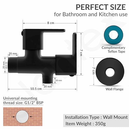 Image of Plantex Angle Valve 2 in 1 with Brass Spindle /Two Way Angle Cock Tap with Wall Flange & Teflon Tape /Anglular Tap for Bathroom- Pack of 1 (Saga, Black)