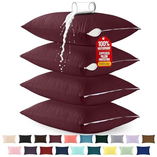 Image of Utopia Bedding Premium 100% Waterproof Pillow Protectors with Zipper King Size (Set of 4), Bed Bug and Dust Mite Proof Zippered Pillow Covers, Pillow Encasement Cases, Burgundy