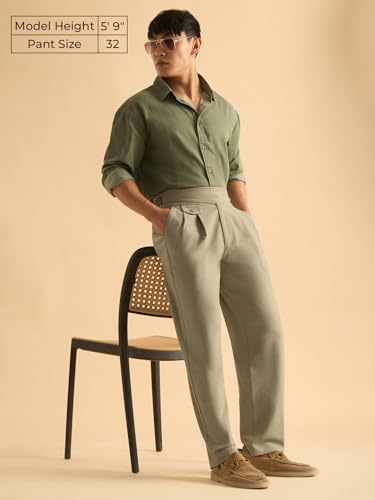 Image of The Souled Store: Gurkha Pants Men and Boys Solid Polyester Blend Straight Fit Adjustable Waistband 4-Way Stretch Wrinkle Resistant Pleated Front Trousers