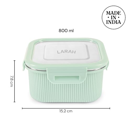 Image of Larah by BOROSIL Freshbyte Food Storage Container with Airtight Stainless Steel Lid | Fridge Container for Lunchbox | Food Grade | Microwave Safe (Green, 800 ml, Square)