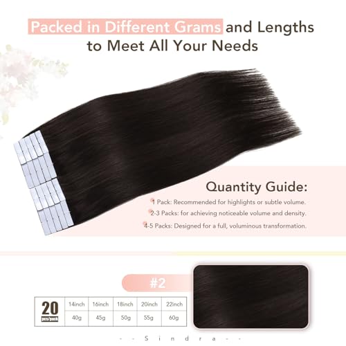 Image of Sindra Invisi Edge Tape in Hair Extensions Human Hair Darkest Brown | 16 Inch 45g 20pcs, Remy Human Hair Extensions for Women, Seamless Injected Tape Ins, Straight and Soft