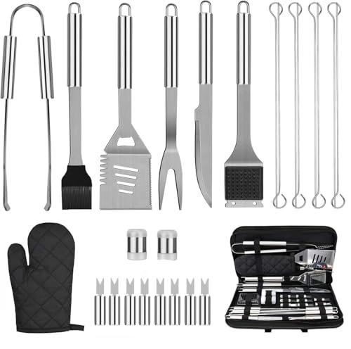 Emwel BBQ Grill Tools Set 25pcs in One Case Heavy Duty Stainless Steel Barbecue Accessories Set with Carrying Bag mplete Outdoor/Indoor Grilling Barbecue Utensil Gift Set