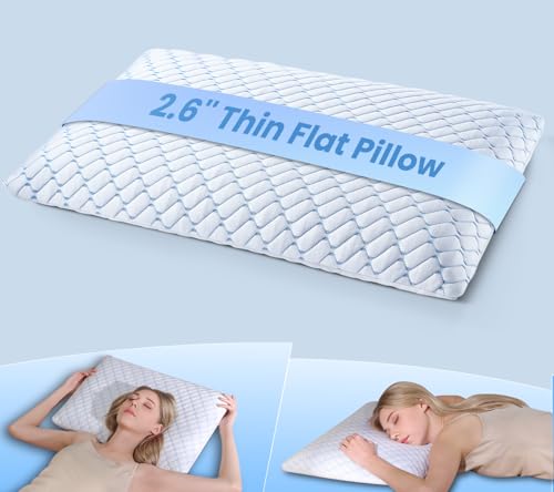 Tuozaiira 2.6 Ultra Thin Memory Foam Pillow with Cool-to-Touch Cover Low Profile Flat Bed Pillow for Back & Stomach Sleepers Standard Size