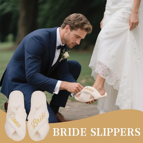 Custom Embroidery Fluffy Slippers with Name, Bride/Bridesmaid Slippers, Personalized Plush Slipper for Women, Wedding, Bachelorette, Birthday Gifts, Girls Sleepover, Gift for Mom, Bridal Shower2