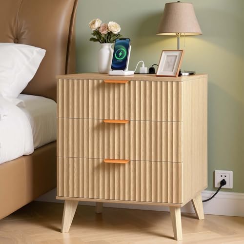 VEVOR Fluted Nightstand with Charging Station