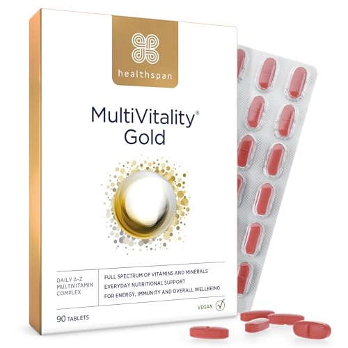 Healthspan Multivitamin Gold | A-Z Formulation | Wellbeing & Immune Support | Algal Source Vitamin D3 | Vitamins A, B, C, D, E & K | Calcium, Iron, Magnesium, Selenium & Zinc | Vegan (90 Tablets)