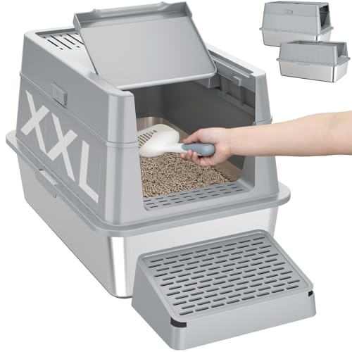 Lifewit Lettiera in Acciaio Inox con Coperchio e Maniglia, Grande Chiusa per Gatti di Grossa Taglia, Lettiera in Metallo a Ingresso Frontale con Paletta e Pedale, Grigio