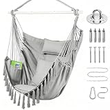 Goutime Extra großer Schaukelstuhl, mit 2 Kissen und 1 Nackenkissen, Baumwoll-Hängesessel für Schlafzimmer/Terrasse, Hängesessel mit Seitentaschen und Hardware-Zubehör (grau)