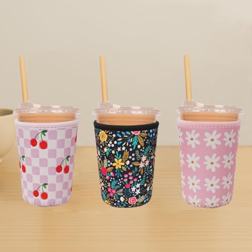 Image of Reusable Insulated Neoprene Iced Coffee Cup Sleeve, Durable Drink Sleeve for Cold Beverages, Beverage Holder for Iced Coffee (Cherry Blush)