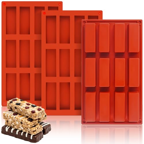 Wilewir 3Pcs Silicone Granola Bar Mold 12-Cavity Rectangle Silicone Chocolate Bar Mold for Baking Chocolate Bars Non-stick Candy Chocolate Bar Mold for Truffle Ganache Cheesecake Butter