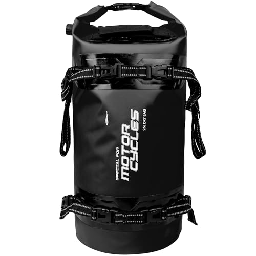 AFISHTOUR 25L Waterproof Motorcycle Dry Bag - Motorcycle Luggage Tail Bag with Straps for Back Seat - Roll Top Dry Bag for Kayaking, Rafting, Boating, Camping, Travel, Beach (Black)