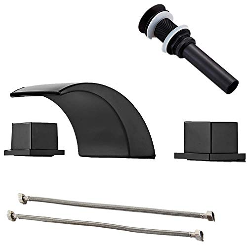 Black Waterfall Widespread Bathroom Faucet Sink with Drain, Three Holes Square Two Handles Square Knobs, Basin Mixer Tap with Pop Up Drain Fit 8 inch-16 Inch Hole Distance by Gecious