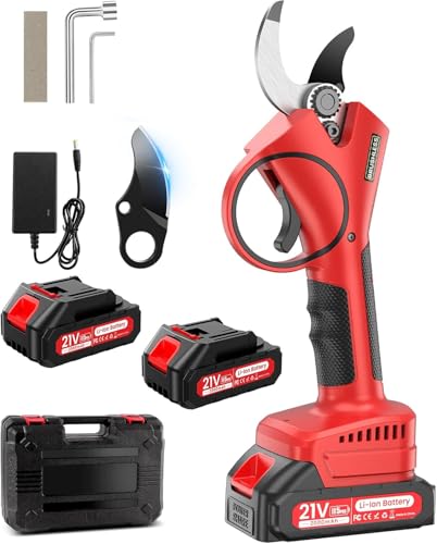 Tijeras de Podar Eléctricas, 40mm Tijeras de Podar Bateria Hoja SK7, Potentes 800W Motor Sin Escobillas, 2 Baterías 2000mAh 21V, 6-8H de Autonomía, Ligera y Mano Única, para Árboles Frutales,Viñas
