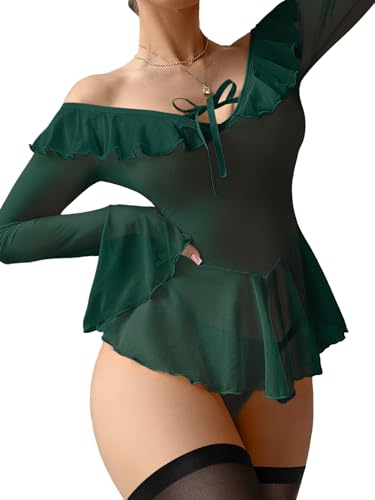 Image of Foxiny Sheer Ruffle Long Sleeve Babydoll Lingerie Dress | Off-shoulder neckline, flared cuffs and a flounce hem add movement; thong and thigh-high stockings complete the 3-piece set