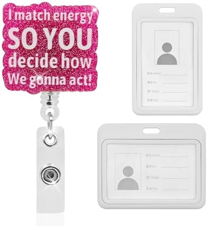 Funny Badge Reel With Alligator Clip - 'I Match Energy' Silver Glitter Retractable ID Holder For Nurses, Office Workers