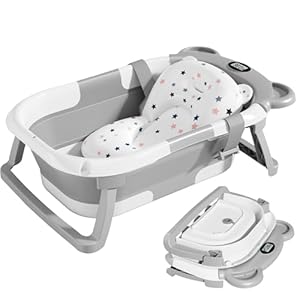 TPN Collapsible Baby Bathtub with Soft Cushion & Real-Time Thermometer Monitor, Foldable Infant to Toddler Tub (0-36 Months), Portable for Travel & Home Use