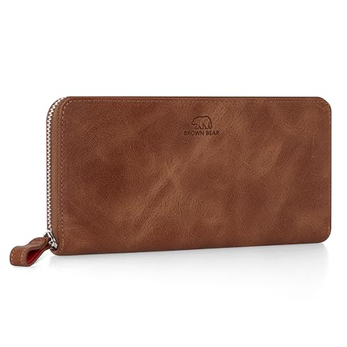 BROWN BEAR Reißverschluss Geldbörse Damen Leder lang mit Münzfach | Echtleder Vintage Braun | RFID-Schutz | Portemonnaie | Geldbeutel | BB Conny HBR BROWN BEAR Reißverschluss Geldbörse Damen Leder lang mit Münzfach | Echtleder Vintage Braun | RFID-Schutz | Portemonnaie | Geldbeutel | BB Conny HBR