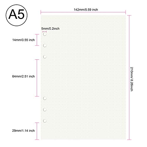 135 Blätter A5 Gepunktetes Papier, OVISEEN 6 Löcher A5Nachfüllpapier Nachfüllbare Refill Paper Nachfülleinlagen für Notizbuch, Tagbuch, Skizze, Malerei(3 Packungen)