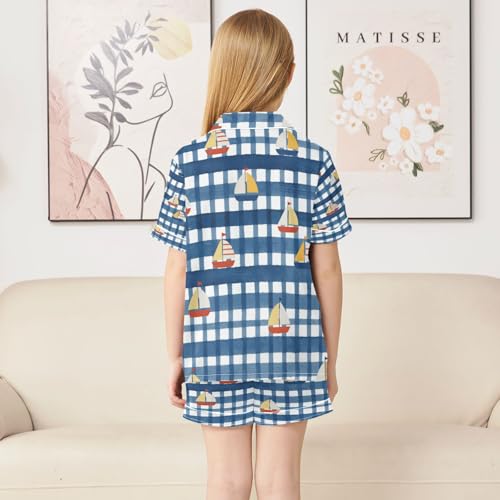 Satin Pajama Sets Short Sleeve Nautical Boats on Blue Grid Button Down Silky Nightwear 2 Piece PJS 5-14Y4