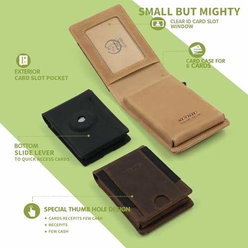 Slim Airtag Wallets for Men, Smart Wallet With Money Holder RFID NFC Blocking Genuine Crazy Horse Leather Wallet, Credit Card Holder With Minimalist Gifts for Men (No Air tag Included)-Black4