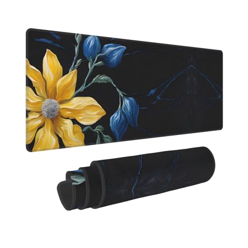 Tapis de souris de jeu grand format design floral bleu et or pour le bureau