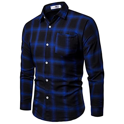 Men's Fashion Dress Shirt, Button Down Regular Fit Long Sleeve Plaid Flannel Casual Shirts Patchwork (L, Blue, l)