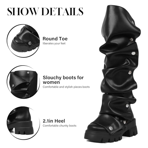 femflame Platform Boots Fold Over Knee High Boots Slouchy Ruched Stacked Heel Round Toe Boot Pull On Leather Wide Calf Tall Fall Long Boot4