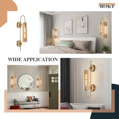 Image of BOKT 1 Light Modern Amber Glass Wall Sconce 31 inch Mid Century Brushed Brass Tube Wall Sconces Lighting Gold Wall Mounted Light Fixture Indoor Bathroom Vanity Wall Lamp for Bedroom Living Room (Amber)